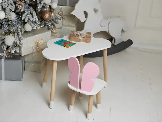 Комплект дитячий столик хмарка і стільчик метелик / Білий