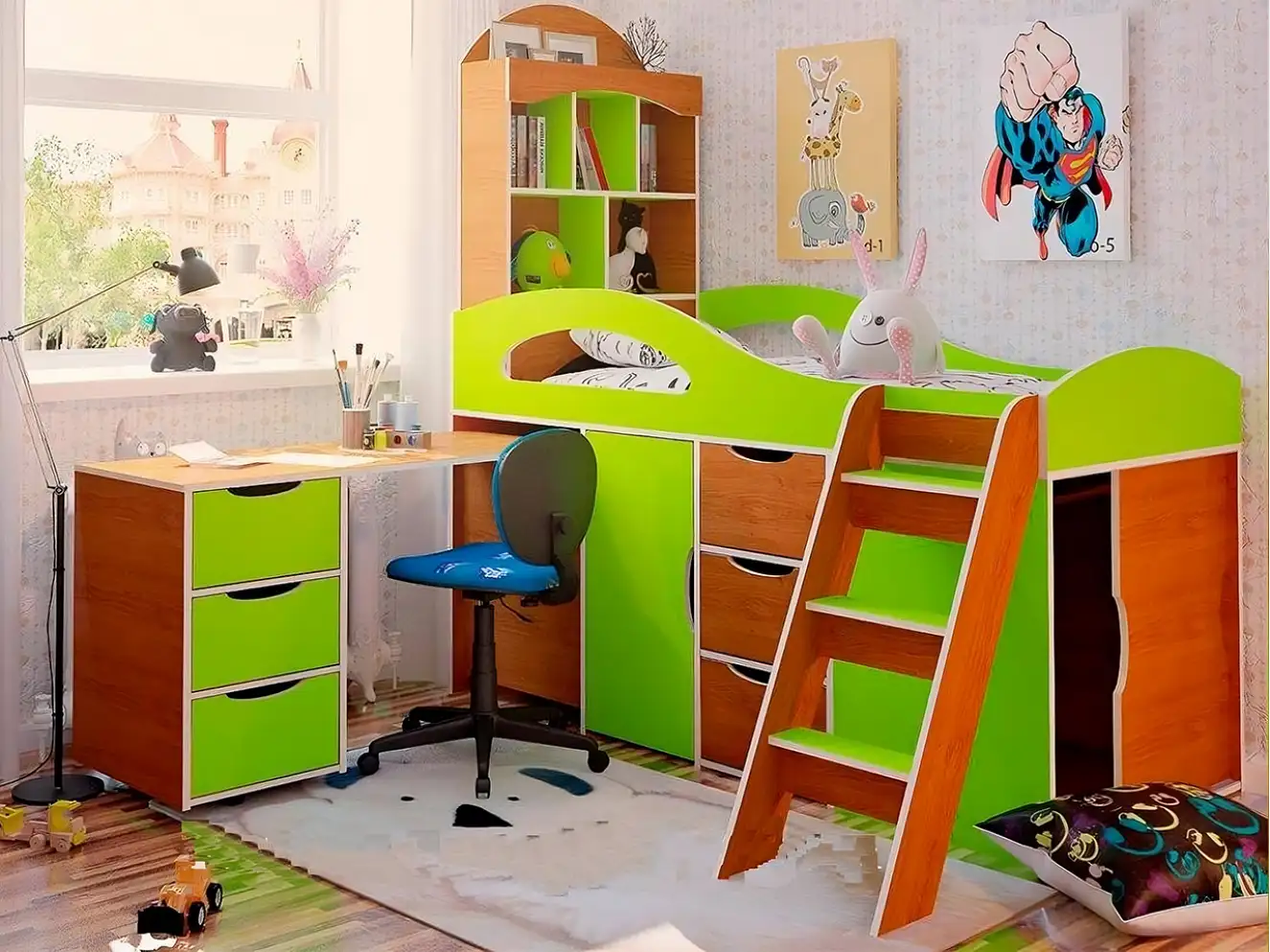 Кровать Чердак Бамбини низкая с мобильным столом