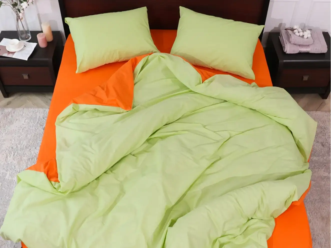 Полуторний набір постільної білизни Салатово-Помаранчевий 150x220 з Бязі Gold