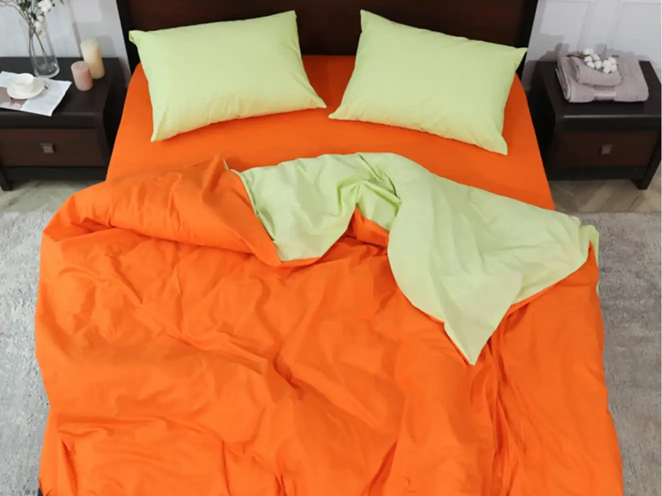 Полуторний набір постільної білизни Салатово-Помаранчевий 150x220 з Бязі Gold