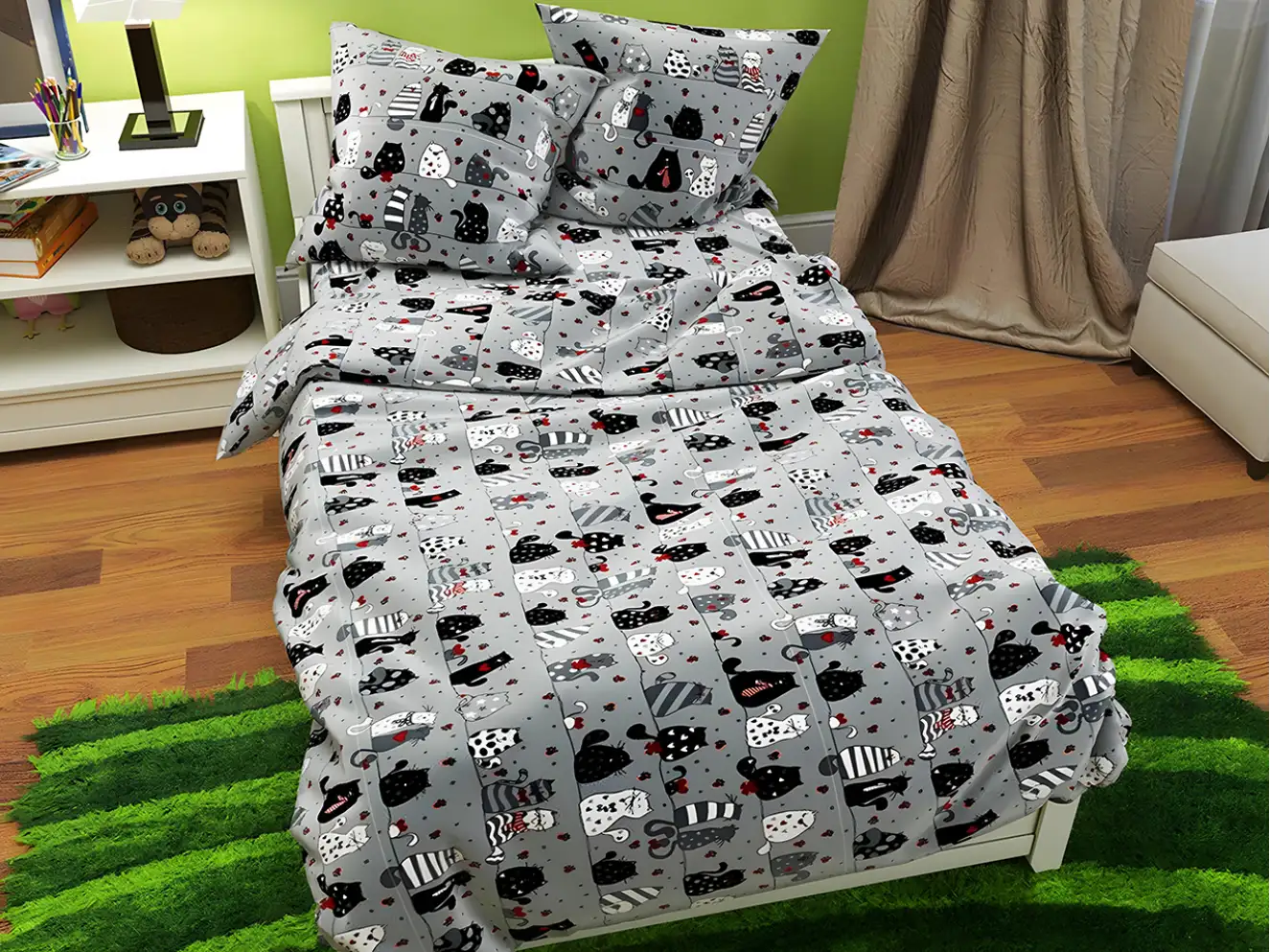 Полуторный набор постельного белья Серое с котами 150x220 из Бязи Gold